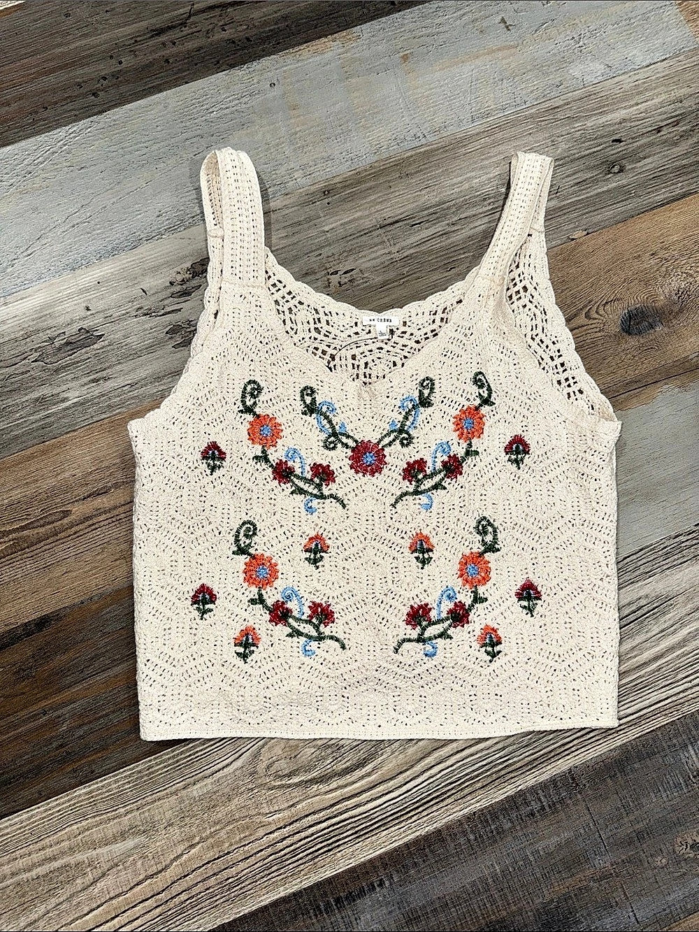 En Crème Floral Crochet Tank Top Cream Large Like New